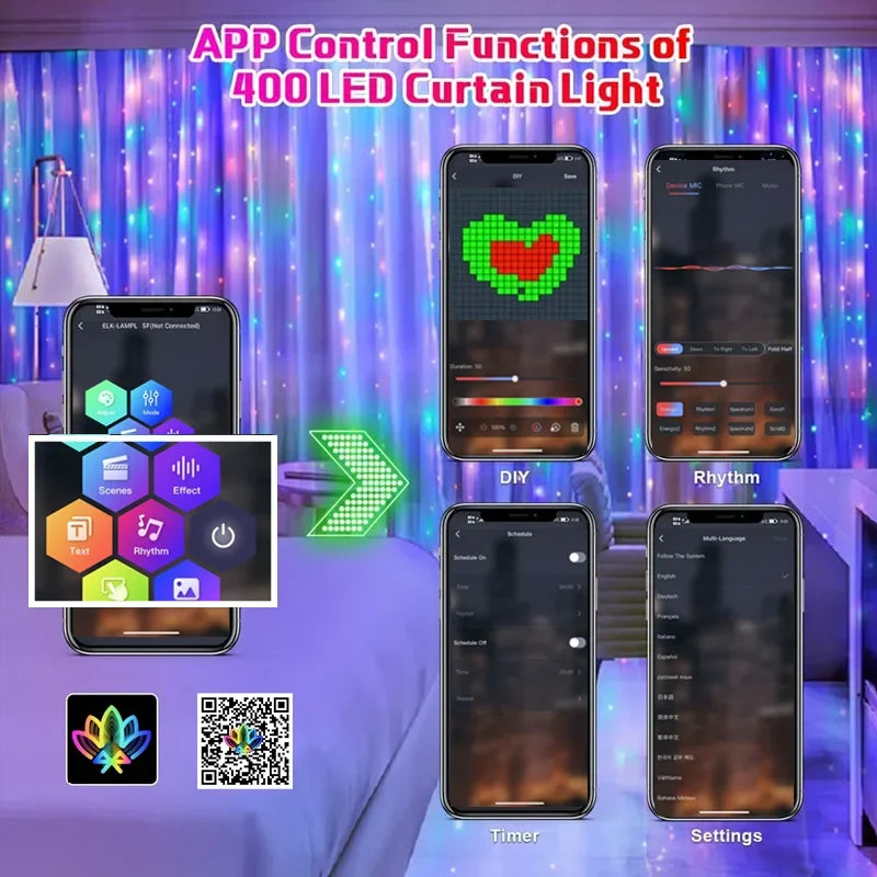SmartGlow: 400LED Bluetooth Curtain Lights - RGB Fairy Lights for Window Decor