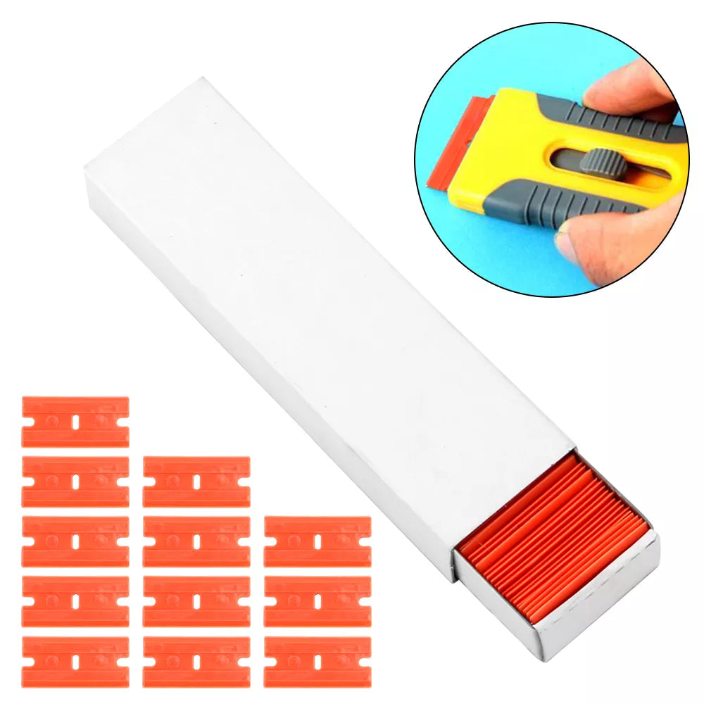 Precision Peel: 100pcs Double-Edged Plastic Razor Blades for Label, Tape, and Glue Removal