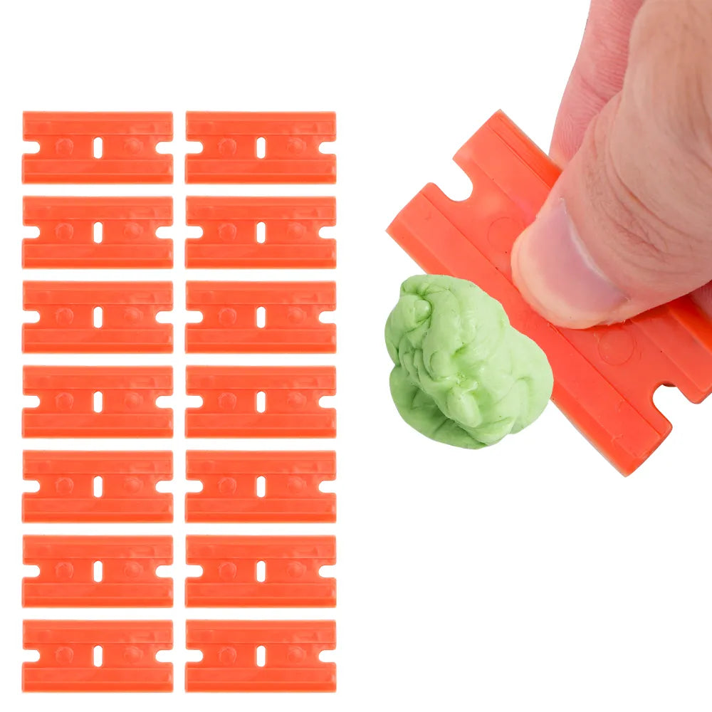 Precision Peel: 100pcs Double-Edged Plastic Razor Blades for Label, Tape, and Glue Removal