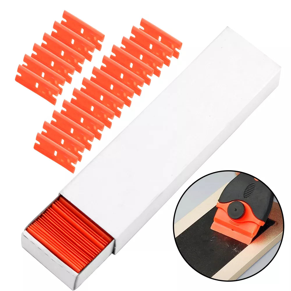 Precision Peel: 100pcs Double-Edged Plastic Razor Blades for Label, Tape, and Glue Removal
