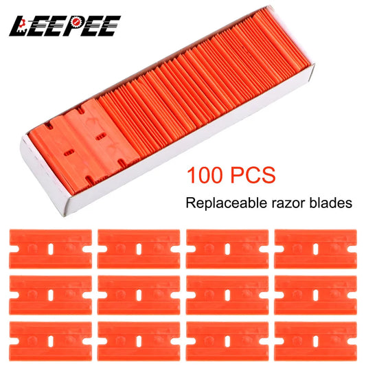 Precision Peel: 100pcs Double-Edged Plastic Razor Blades for Label, Tape, and Glue Removal